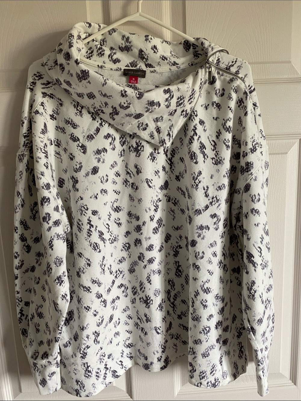 Vince Camuto White and Black Printed Funnel Neck Sweater